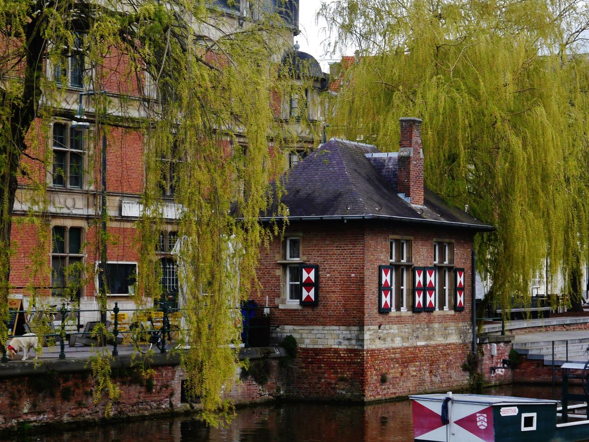 Treurwilgen en een bakstenen huisje met rood-witte luiken aan de Nete in Lier